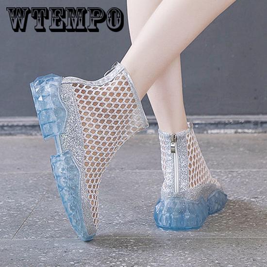 WTEMPO Mesh Short Boots Female Hollow Muffin Sequins Summer Boots