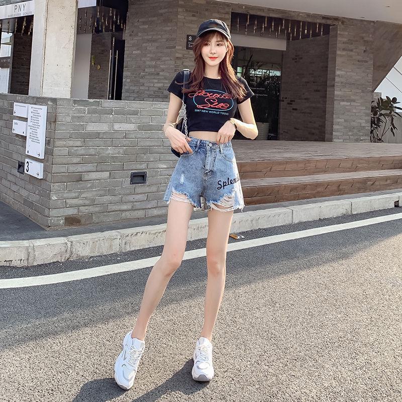 WTEMPO Summer Denim Shorts Children Students Loose High Waist Wide Legs Broken Holes Wild Thin Dress