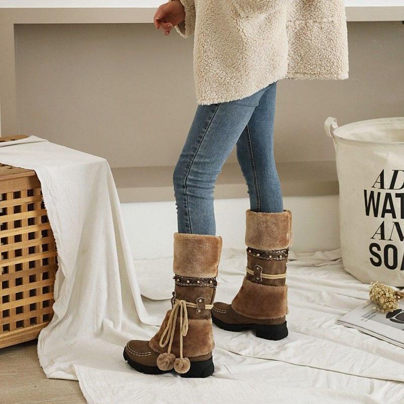 Bohemian Women's Snow Boots Beaded Fur Ball Thick Bottom High Boots Plus Velvet Calf-high Boots Plus Size 35-43