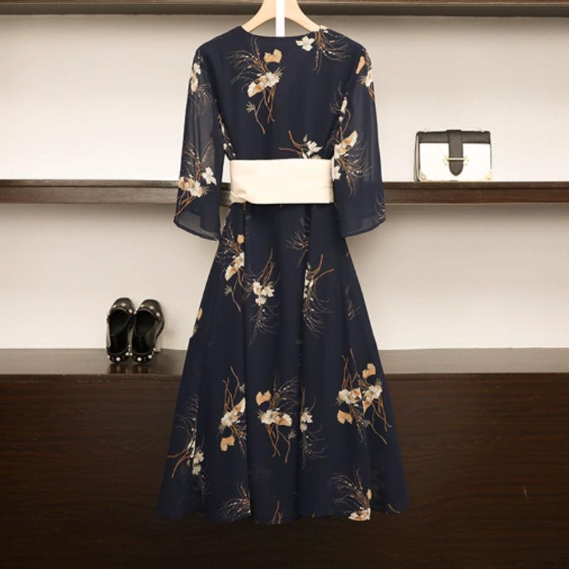 Pofulove Summer Plus Size Dress Vintage Chinese Style Clotheswomen Printed Chiffon V-neck Dress Long