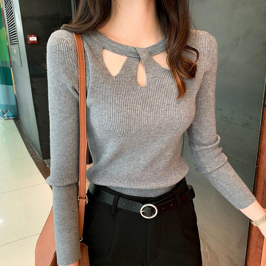 Early Autumn Hollow Sweater Knit Sweater Women Winter Korean Style Slim Sexy Long-sleeved Stretch Bottoming Shirt Women's Top