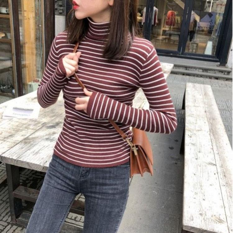 Women Sweaters Stripe Prints High Collar Long Sleeve Pullover Bottoming Shirts