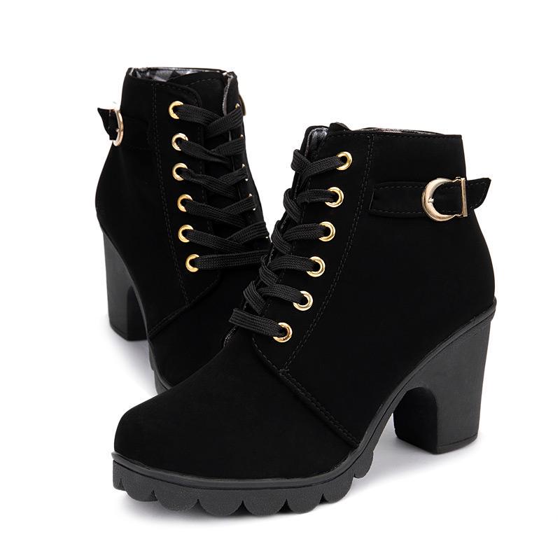 Winter Women Boots High Heels Boots PU Leather Lace-up Martin Shoes Women
