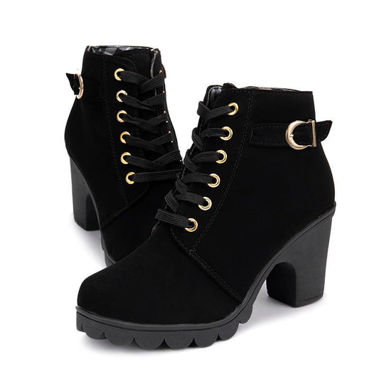 Winter Women Boots High Heels Boots PU Leather Lace-up Martin Shoes Women