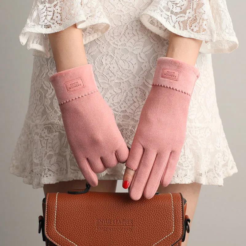 Fingerless Warm Gloves Female Winter Cute Korean Version Half-finger Plus Velvet Thick Cotton Driving Leak Two Fingers