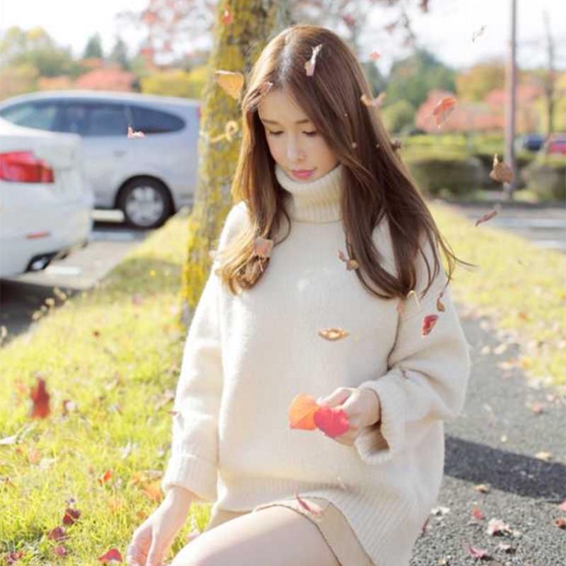 PofuLove Winter New Student Turtleneck Sweater Women Thick Yellow Loose Mid-length Knitted Top