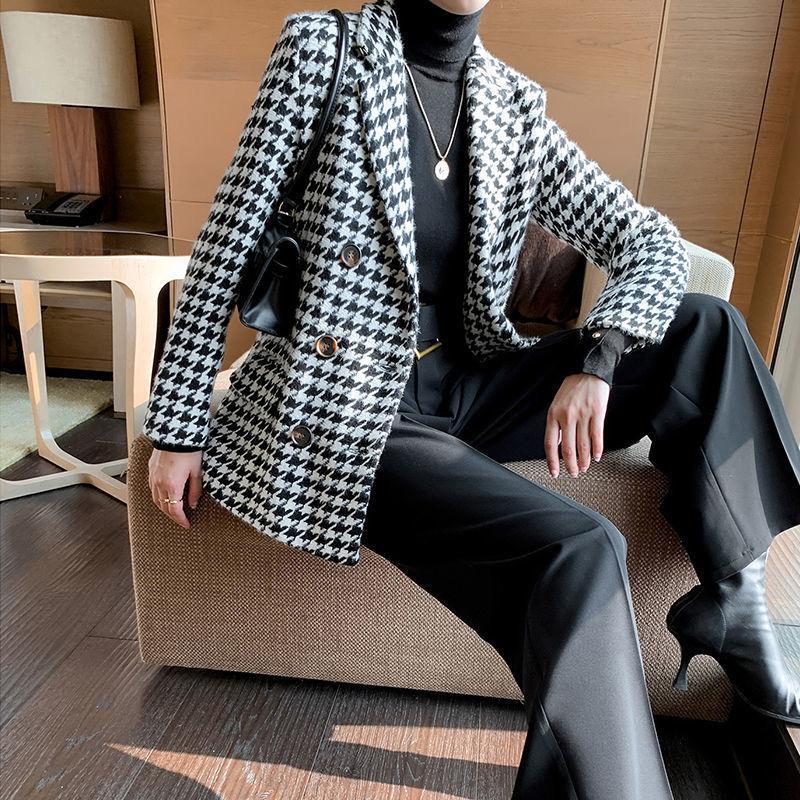 Houndstooth Woolen Coat Thick Loose Autumn Winter Coat Women Thicken Slim Pea Coat