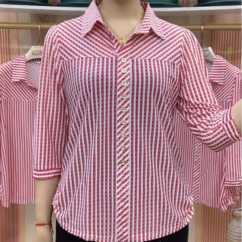 Striped Shirt Women's All-match Middle-aged Mother's Shirt To Cover The Belly and Show Thin Three-quarter Sleeve Top Large Size