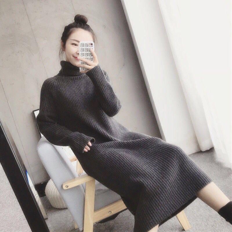 Pofulove thick sweater skirt women Korean version of the net red loose bottoming shirt mid-length high-neck over-the-knee jumper