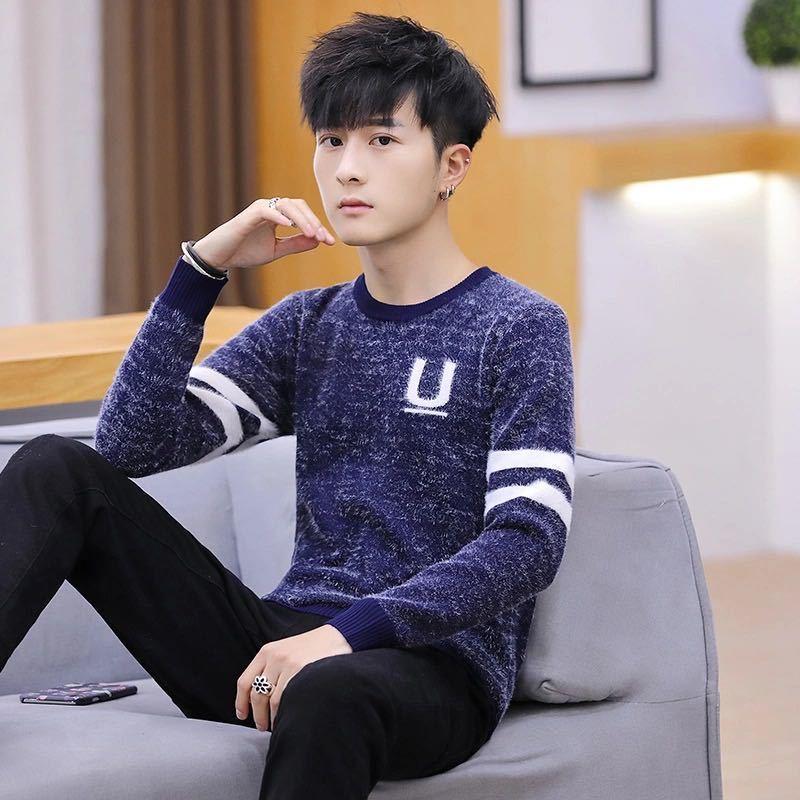 U-shaped Character Men's Pullover Low-neck Casual Autumn and Winter Jacket Long-sleeved Striped All-match Top