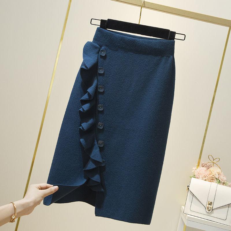 Knitted Skirt Women's Autumn Winter Skirt Winter with Sweater Wooden Ears Hip Single-breasted Skirt