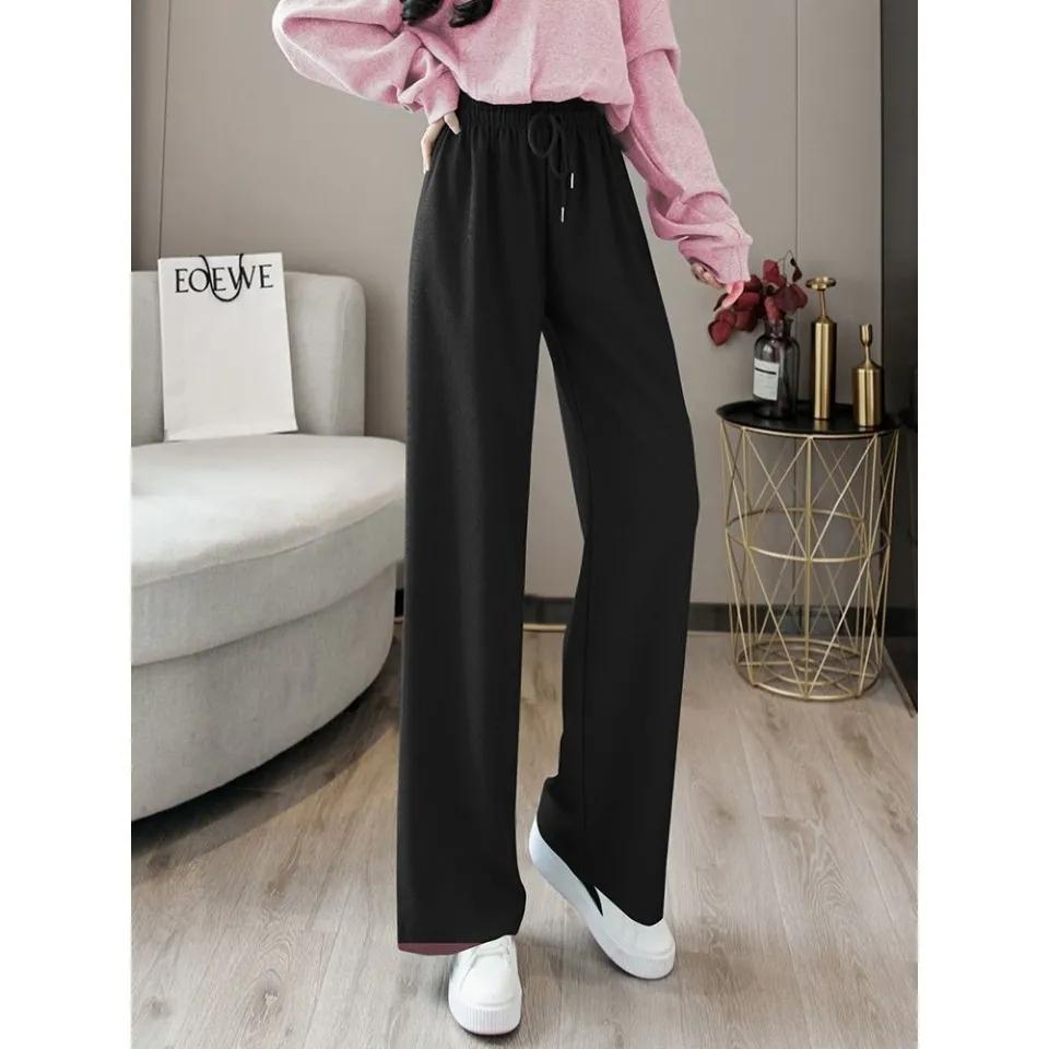 Waffle Elastic High Waist Casual Pants Autumn and Winter Women's Korean Style Loose Drape Wide Leg Trousers Show Leg Length Sports Jogging Pants
