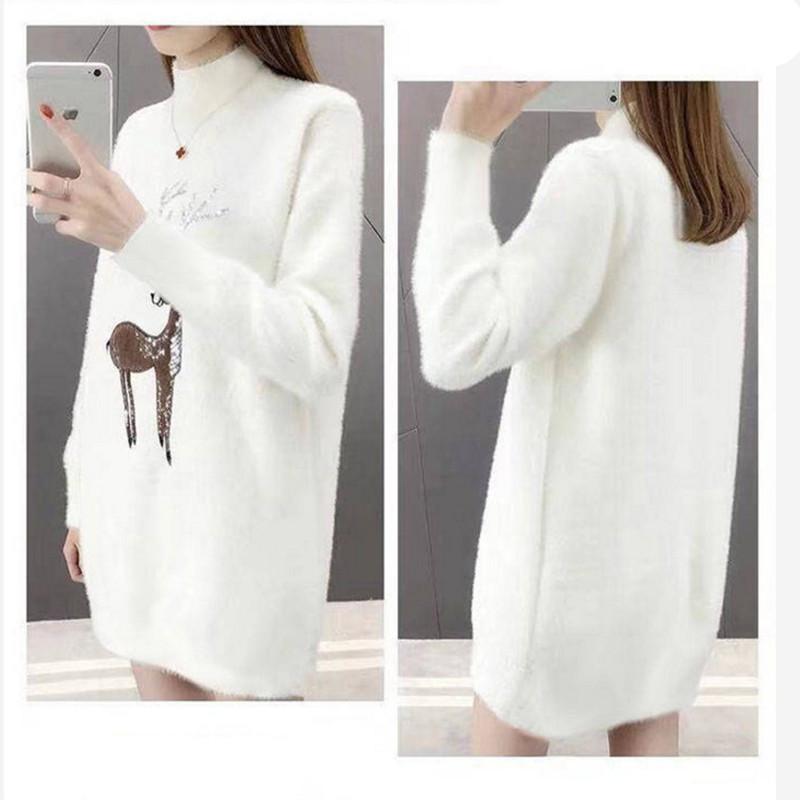 Ofulove Plus Velvet Knitted Medium Long Slim Half Turtleneck Quality Fawn Embroidery Winter