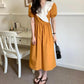 Women's Summer Long Dress Round Neck Puff Sleeves Solid Color V-Neck Dress