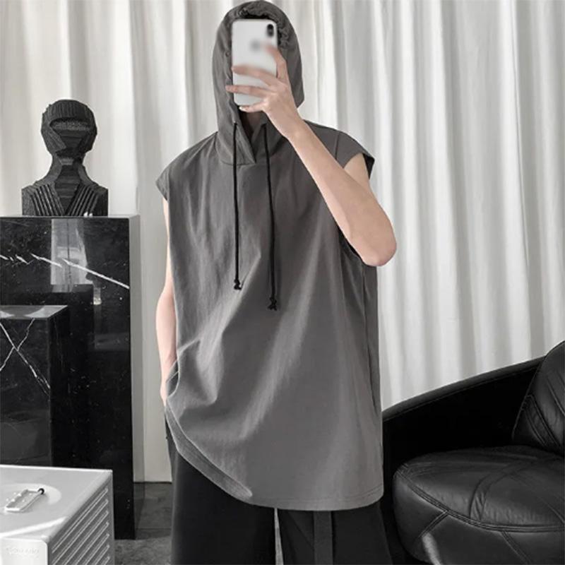 Summer Solid Color Hooded Vest Men's Trendy Loose Waistcoat Slit All-match Sports Hoodie Vest