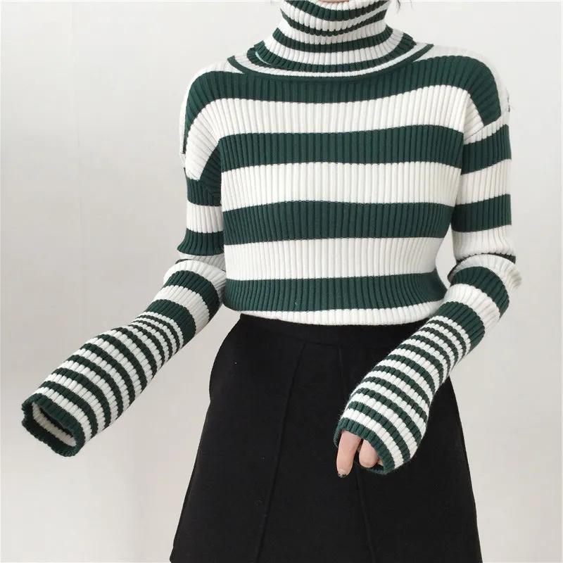 Sweater Women's Turtleneck Knitwear Black and White Striped Pullover Korean Slim Top Trendy Sweater Autumn and Winter Fashion