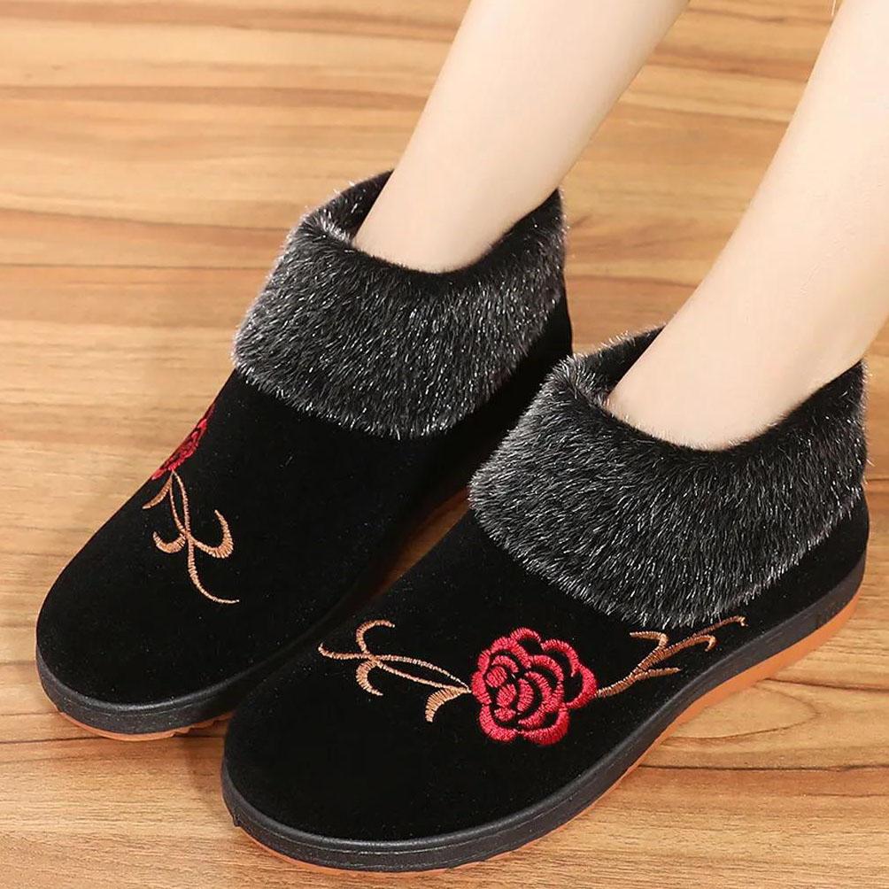 Women's Winter Flat Cotton Shoes Female Large Size Plush Thickened Soft Sole Anti Slip Embroidered Cotton Shoes