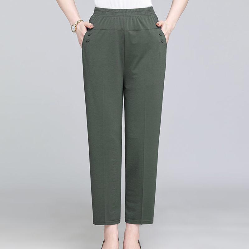 Spring Summer Autumn Thin Mother Middle-aged and Elderly Casual Straight Cropped Trousers Loose High Waist Elastic Waist Women
