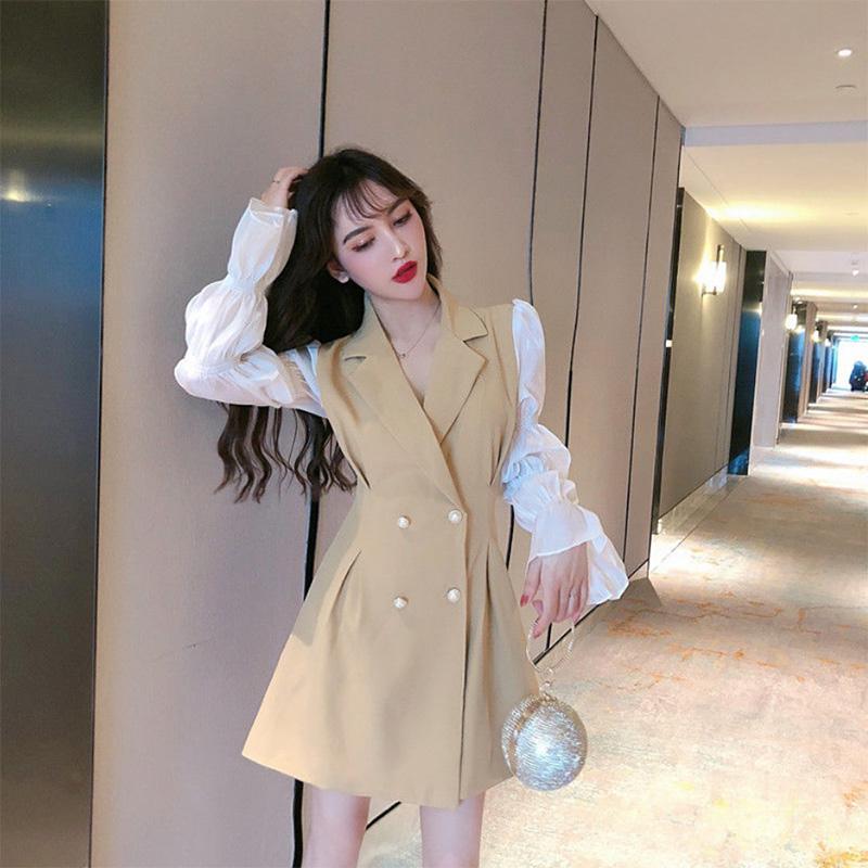 Goddess Fan Clothes Suit Skirt Double Breasted Temperament Bubble Long Sleeve Dress Women's