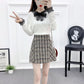 Autumn and Winter Knit Sweater Suit Women Lace Stitching V-neck Sweater Top and Short Plaid Wool Skirt Two-piece Female Elegant Outfits
