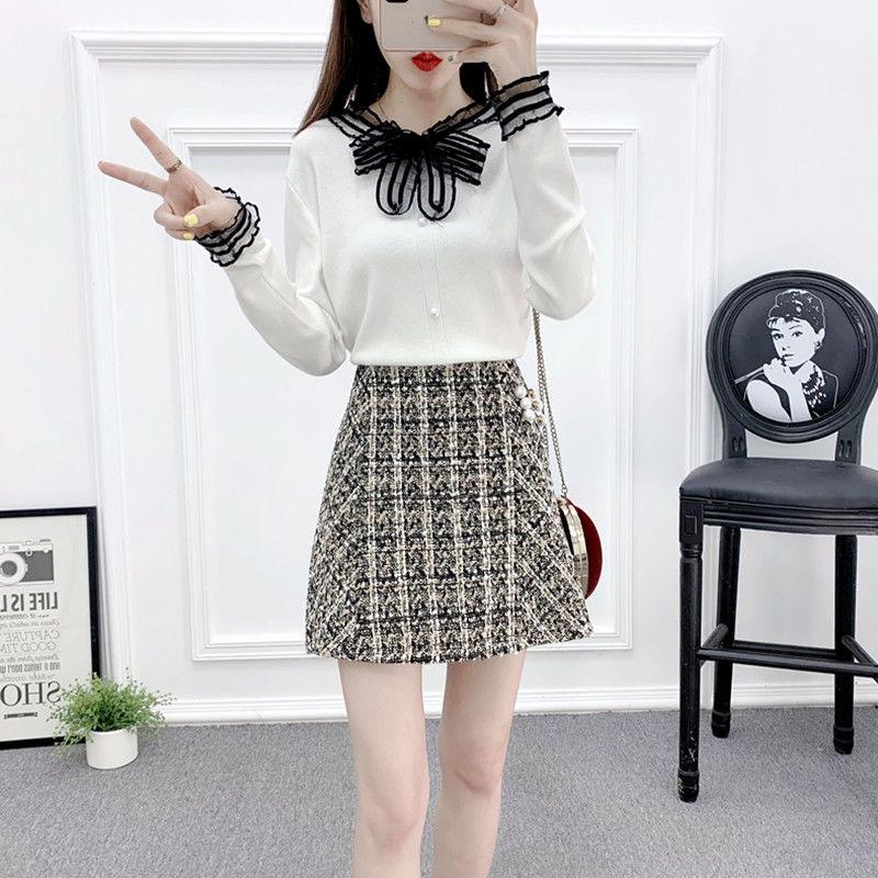 Autumn and Winter Knit Sweater Suit Women Lace Stitching V-neck Sweater Top and Short Plaid Wool Skirt Two-piece Female Elegant Outfits