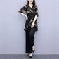 Printed Suit Women's Summer Chiffon Shirt Loose Belly Cover Wide-leg Pants Two-piece Long-sleeved Shirt + Loose Wide-leg Pants