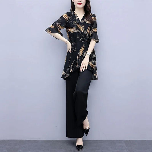 Printed Suit Women's Summer Chiffon Shirt Loose Belly Cover Wide-leg Pants Two-piece Long-sleeved Shirt + Loose Wide-leg Pants