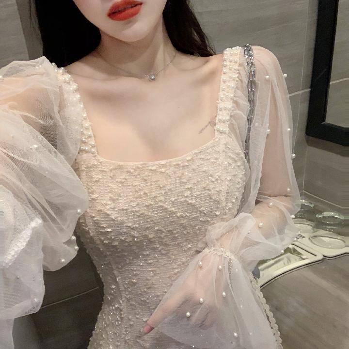 Spring Women's Temperament Mid-length Mesh Gauze Stitching Long Sleeves Waist Slimming Dress
