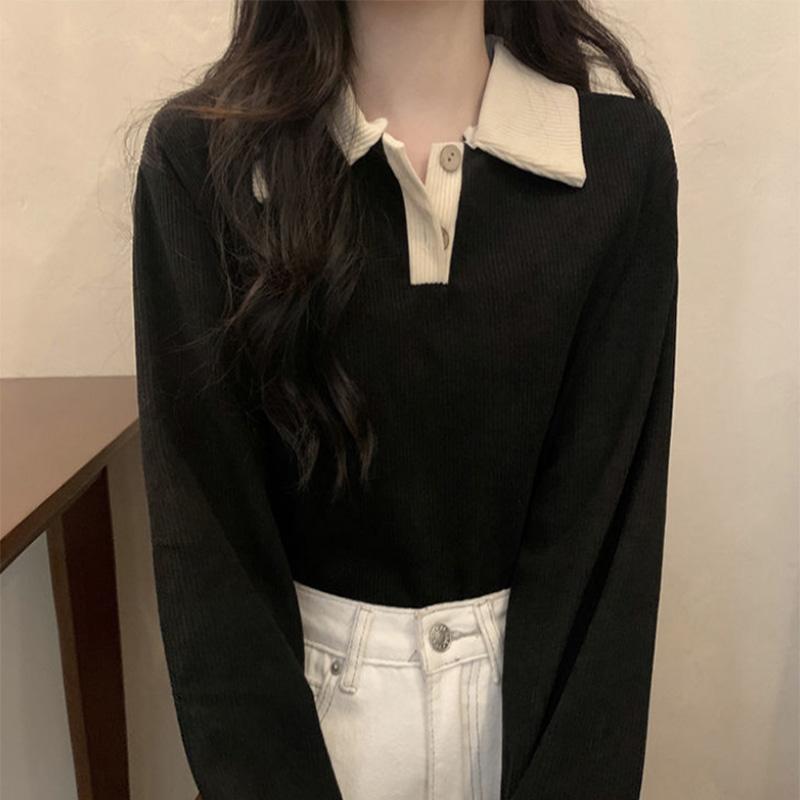 Retro Lapel Long-sleeved Knitted Sweater Women's Loose Striped Bottoming Shirt Inner Top Pullover T-shirt