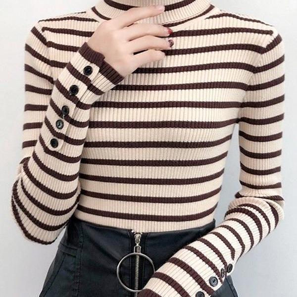 High Neck Women's Sweater Autumn Winter Striped Slim Fit Tight Sexy Long-sleeved Knitted Sweater