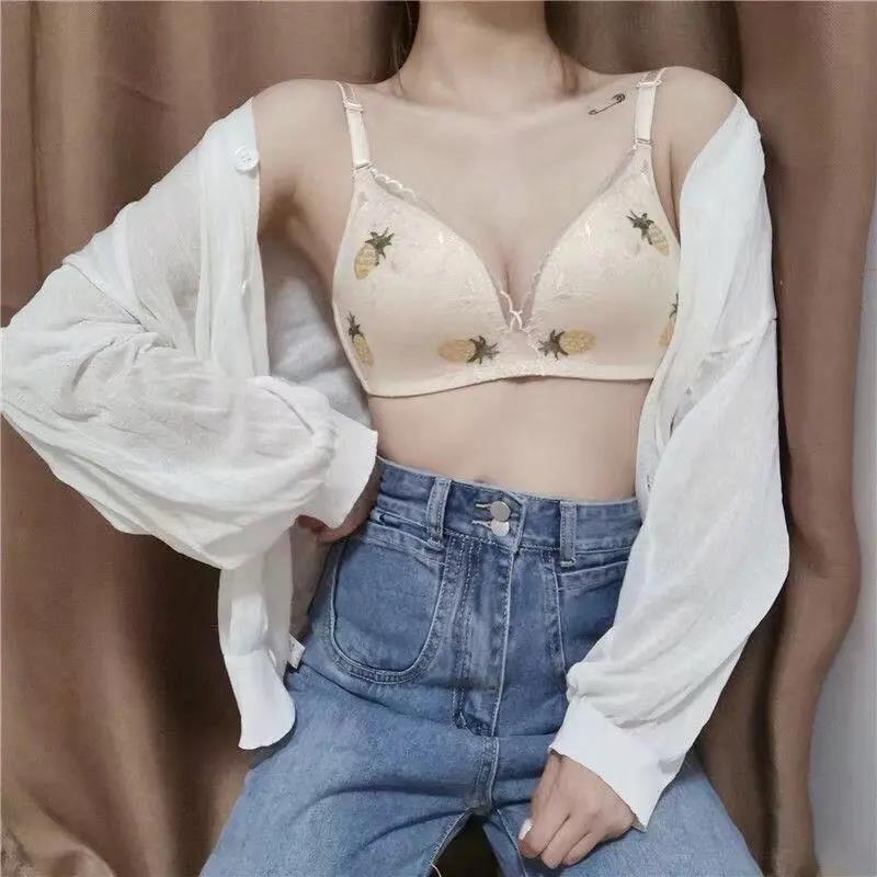 Korean Version Without Steel Ring Gathered Anti-sagging Upper Collection Side Milk Fruit Embroidered Women's Underwear Bra