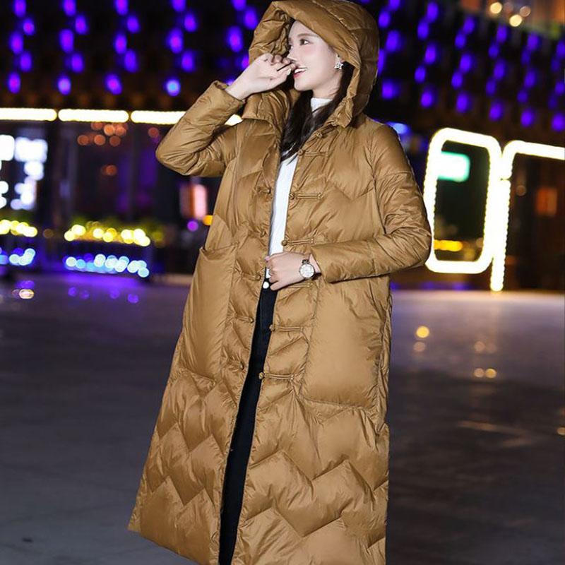 Long Down Jacket Retro Literary Print Hooded Cotton Jacket Lengthened Thick Loose Slit Windbreaker Jacket