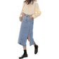 Long Skirt Women Solid Split Denim Skirt High Waist Over The Knee Hip Skirt Casual Club Home Office