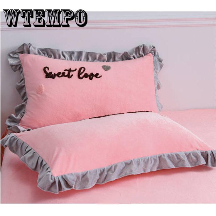 Winter Bedding Sets Pink Heart Duvet Cover Flannel Fleece Pillowcases 4Pcs Home Bed Linens