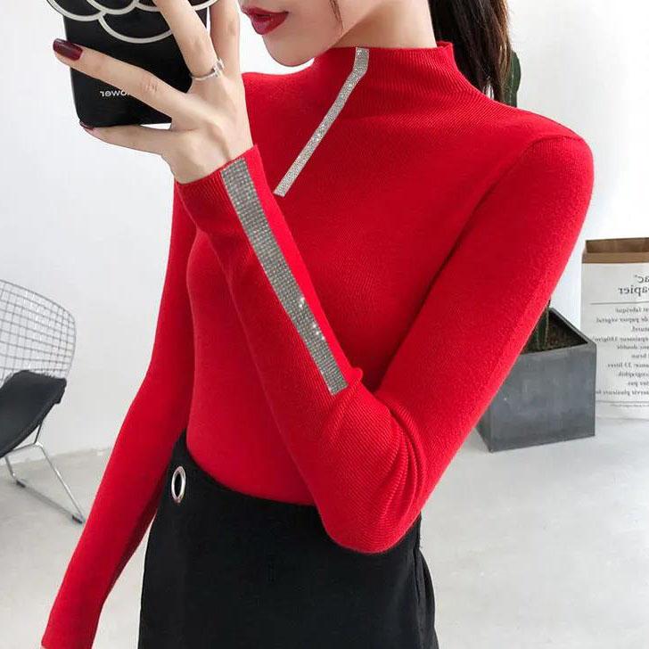 Women's Sweaters Turtleneck Sweater Female Underwear Fall/Winter Slim Rhinestone Knitted Pullover Top Sweater