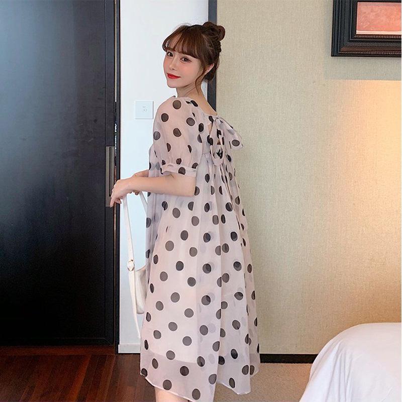 WTEMPO Plus Size M-XXXXL Women Dress Summer Puff Sleeve Casual Polka Dot  Knee-length Dress
