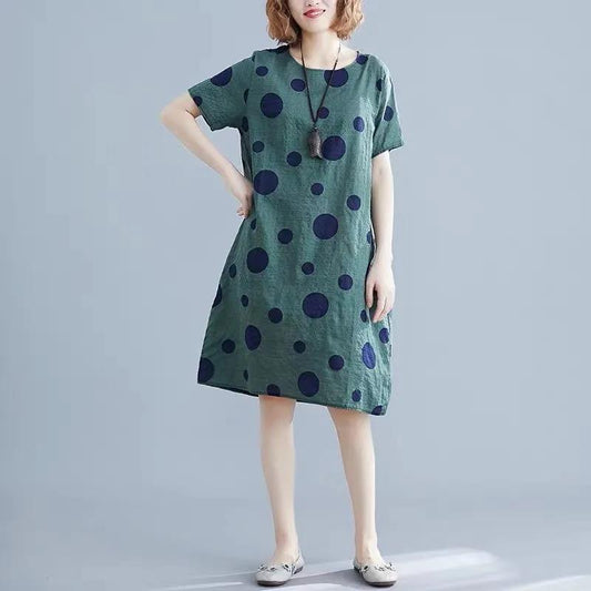 Dress Summer Short-sleeved Popular Printing Loose and Thin Slim Cover Belly Casual Plus Size Has Pockets DRESS