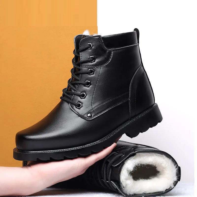 Leather Cotton Boots Men's Winter Non-slip Wool Boots Warm Cotton Shoes Men's Snow Boots Outdoor Combat Men's Boots