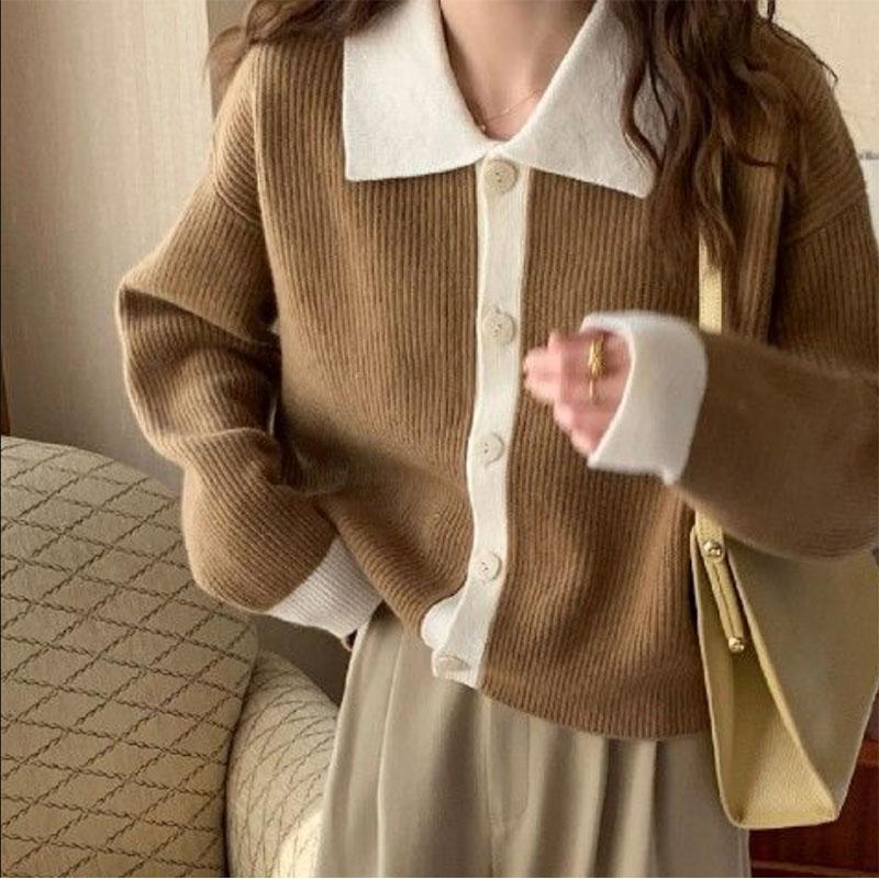 Retro Lapel Contrast Color Thickened Knitted Cardigan Women's Short Long Sleeves Lazy Loose Polo Collar Sweater Coat