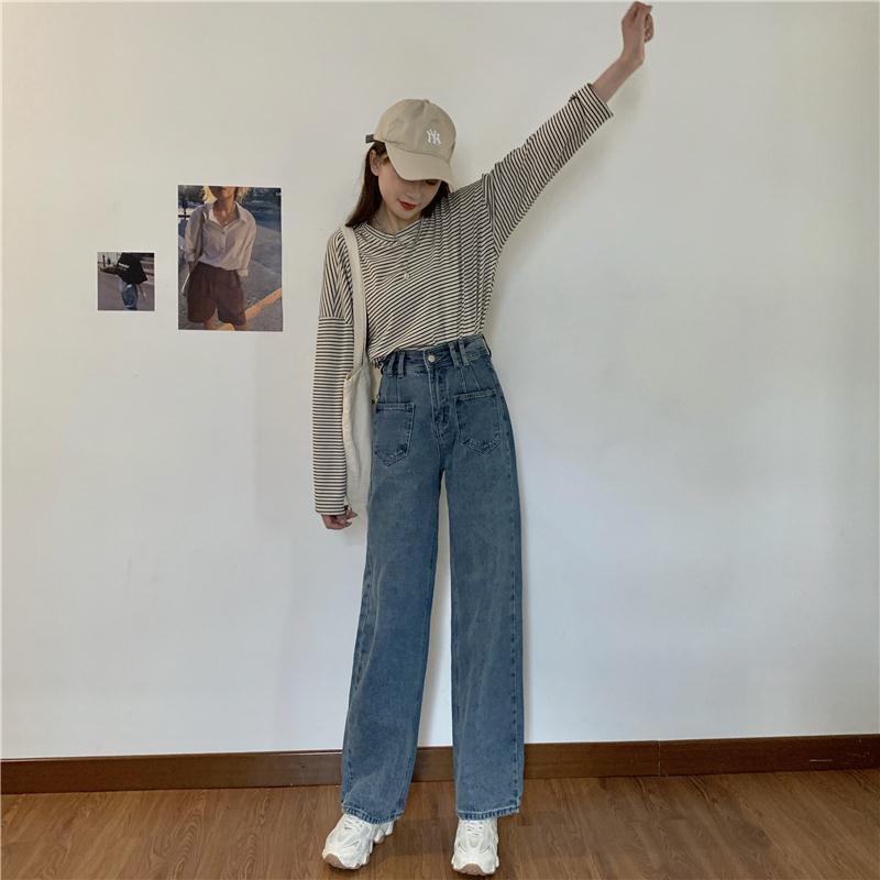 Wide Leg High Waist Hong Kong Flavor Jeans Female Korean Version Loose Spring and Autumn Retro Straight-leg Pants Trendy Thin and Wild High Trousers