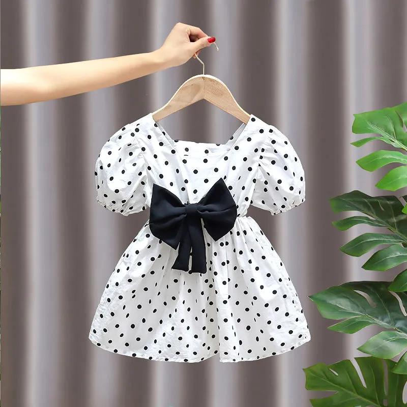 Girls Princess Dress Summer Thin Children's Bow Puff Sleeves Sweet Waist Dress Cute Two-Wear A-line Skirt