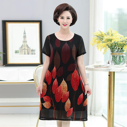 Women's Summer Dress  Middle-aged and Elderly Women's Summer Dress Large Size Chiffon Print Round Neck Short Sleeve Skirt
