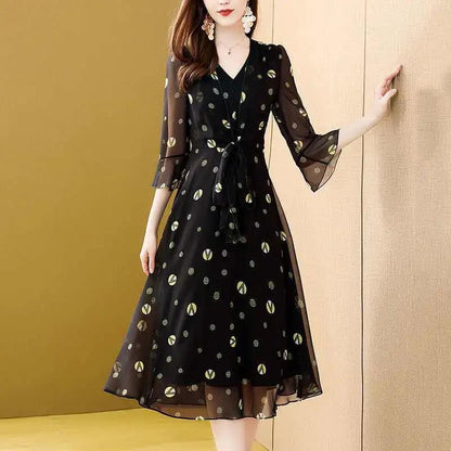 M-XXXXL Chiffon Floral Dress Summer V-neck 3/4 Sleeves Mid-calf Daily Wear Office Dating Party Lightweight and Breathable A-line Dress