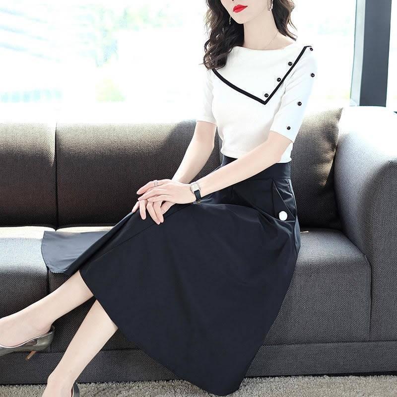 Summer Slim Knit Sweater + Self-cultivation Waist Reduction Suit Skirt Two-piece Suit Temperament Elegant Skirt Suit Black and White Suit
