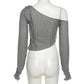 Spring, Summer and Autumn Women's Solid Color Slim Fit Cropped Navel Fashion Irregular Slanted Shoulder Long-sleeved T-shirt