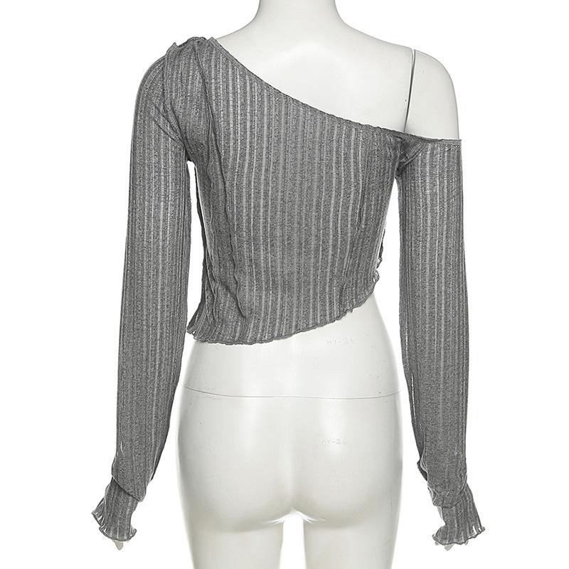 Spring, Summer and Autumn Women's Solid Color Slim Fit Cropped Navel Fashion Irregular Slanted Shoulder Long-sleeved T-shirt
