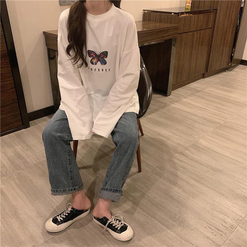 Women's Summer Tshirt Butterfly Print T-shirt Casual Loose Fall Long Sleeve Tee Top Pullover