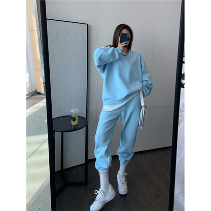 2PCS Women's Velvet Thickened Loose and Thin Sports Suit Two-piece Casual Sweater Solid Color Casual Sweater Suit Autumn Trousers Hooded Sweater
