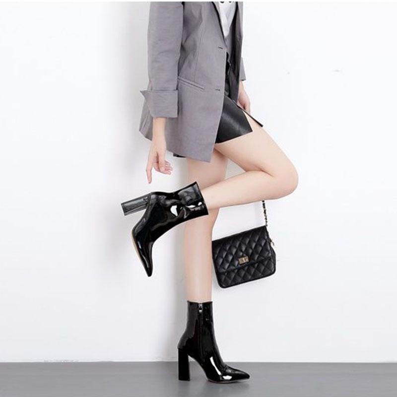 Thick-heeled Ankle Boots Women's Autumn Winter Pointed High-heeled Ankle Boot Silver Bright Leather Zipper Plus Velvet Martin Boots