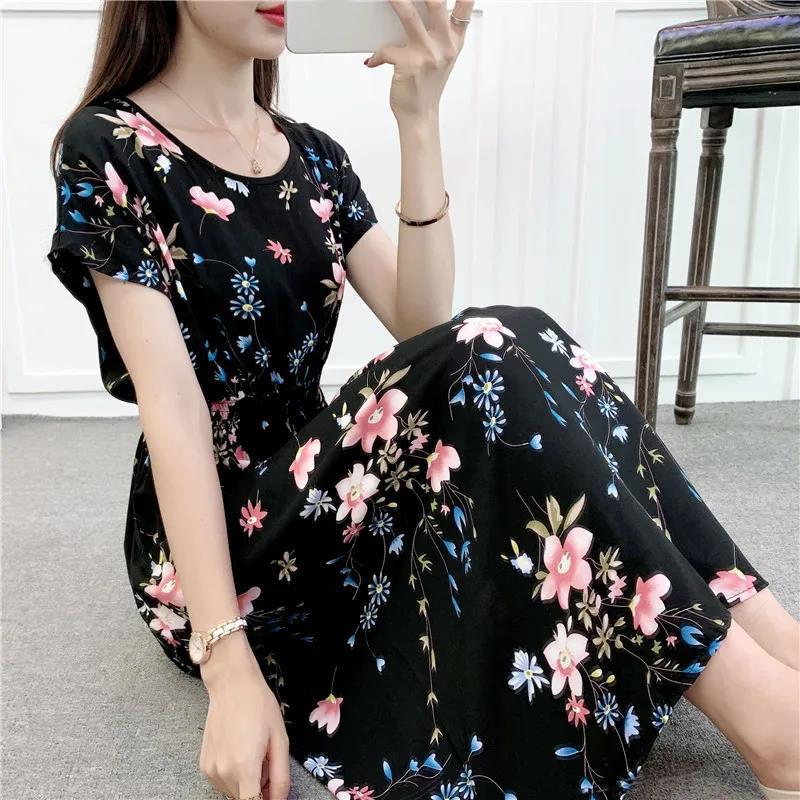 Summer Long Dress Casual Comfort Cotton Dress Floral Print Short Sleeve Dress Plus Size
